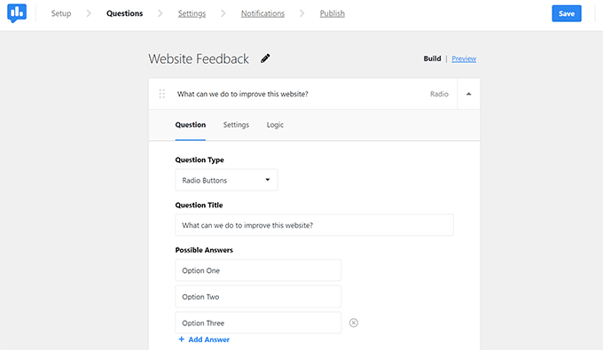 Kreator ankiet w UserFeedback Poll builder in UserFeedback