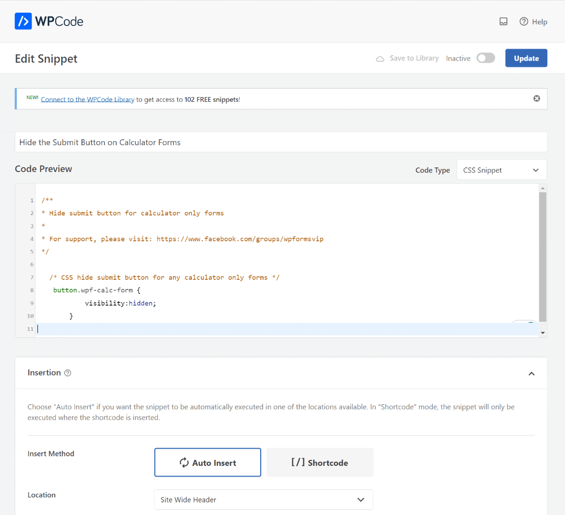 Hide submit button code snippet preview