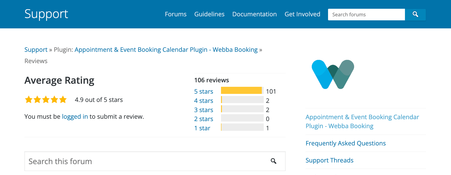 Recensioni di Webba Booking sul repository dei plugin WordPress.