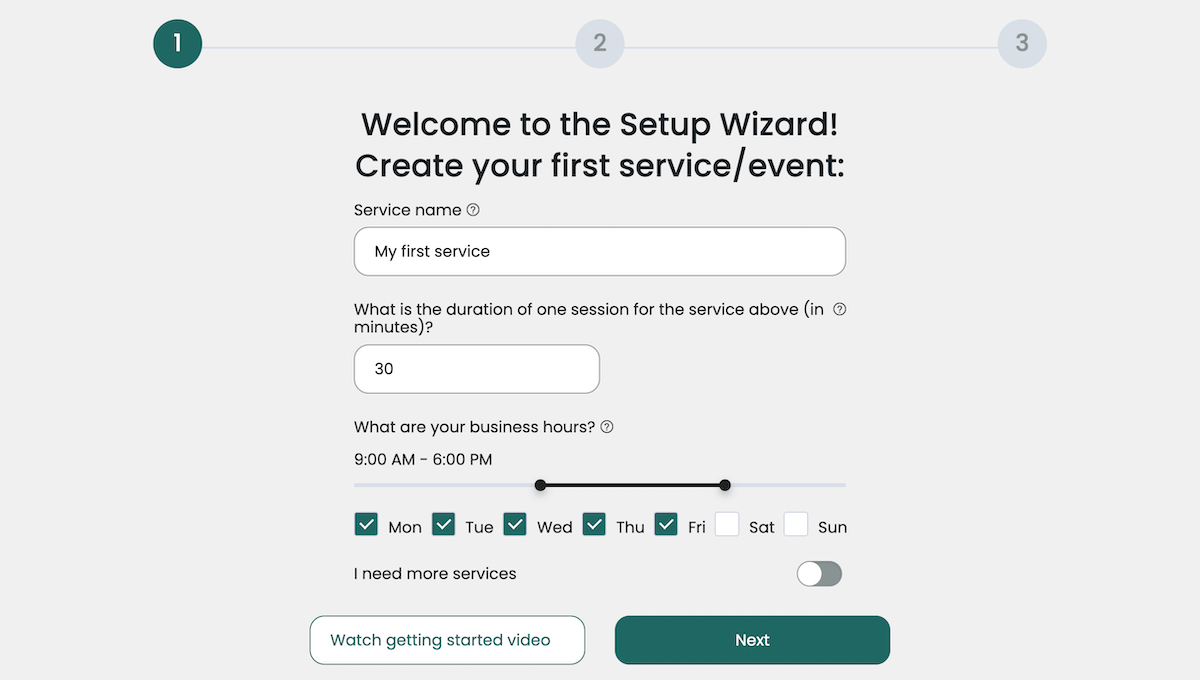 Procedura guidata di configurazione Webba Booking