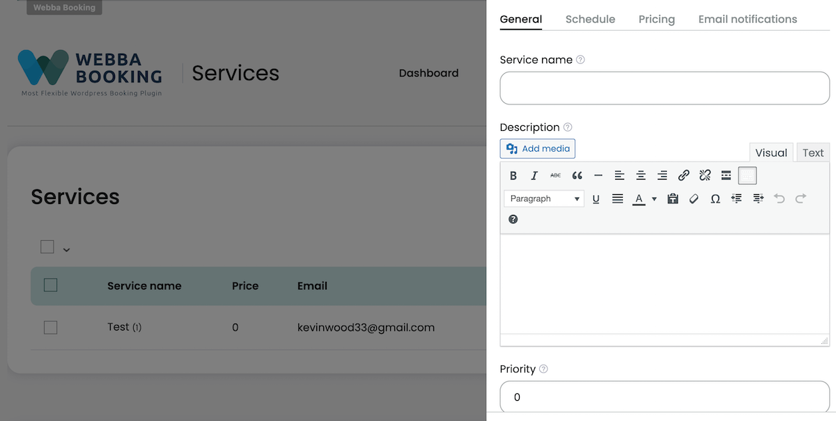 Webba Booking aggiunge servizio