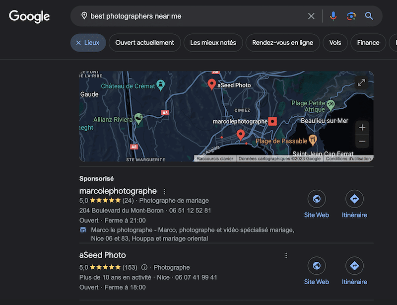Photographes locaux répertoriés sur Google - Source : Résultats de recherche Google