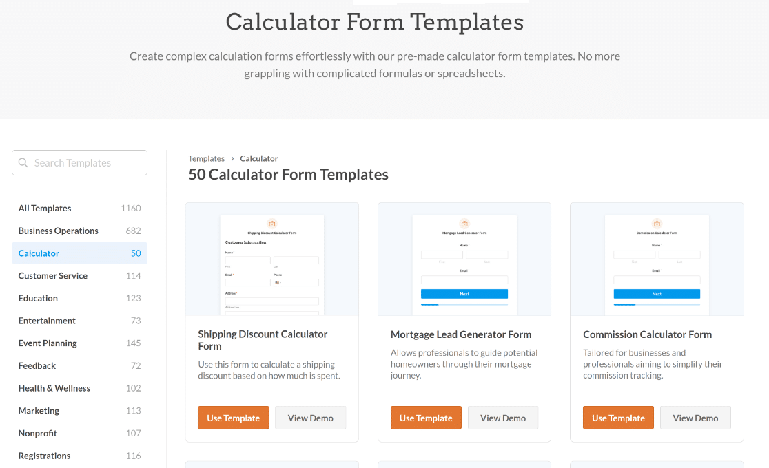 calculator form templates category page