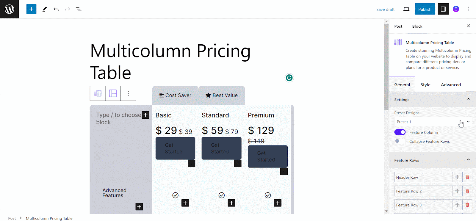 【新块】如何利用Gutenberg 8中的多列定价表创造性地添加定价图表 Pricing Table With Multiple Columns