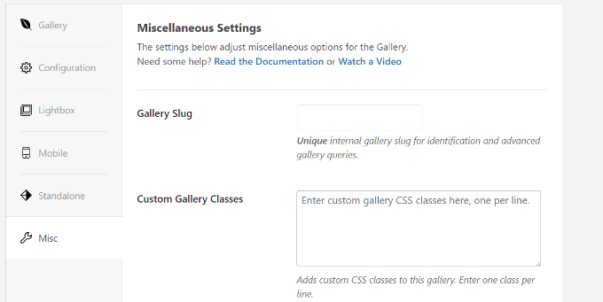 ギャラリーのその他の設定を表示 View misc setting for gallery