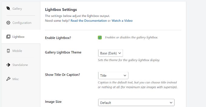 Lightbox settings for image gallery