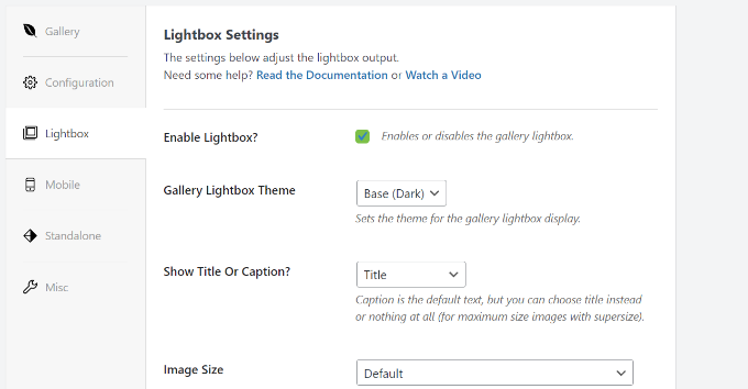 ライトボックスの設定 Lightbox settings for image gallery