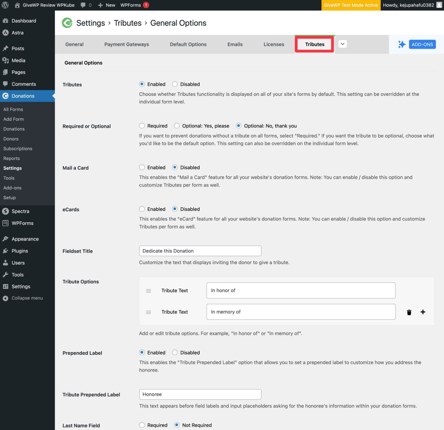 Configurações do complemento GiveWP