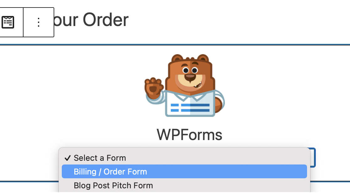 Choosing your order form in the WPForms block