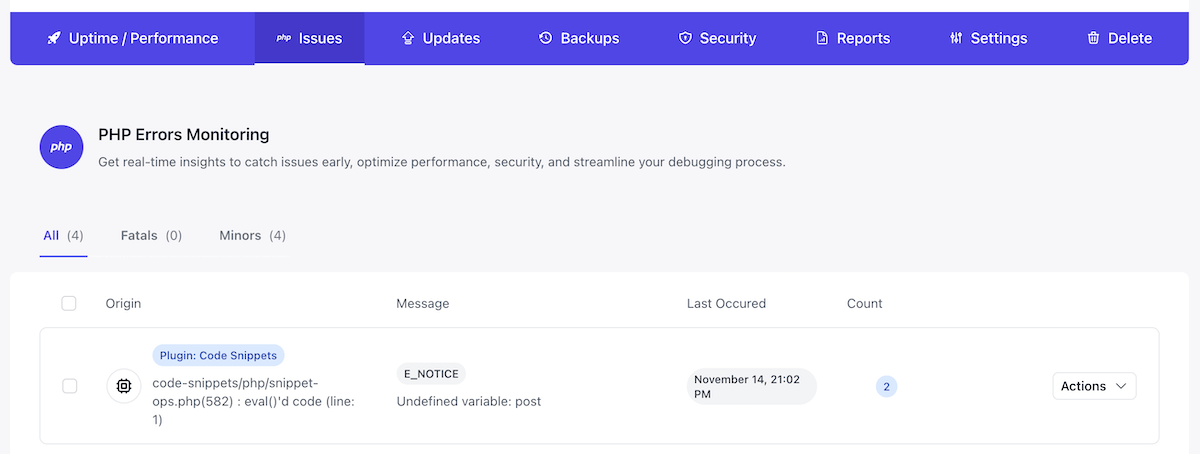 Surveillance des erreurs PHP WP Umbrella