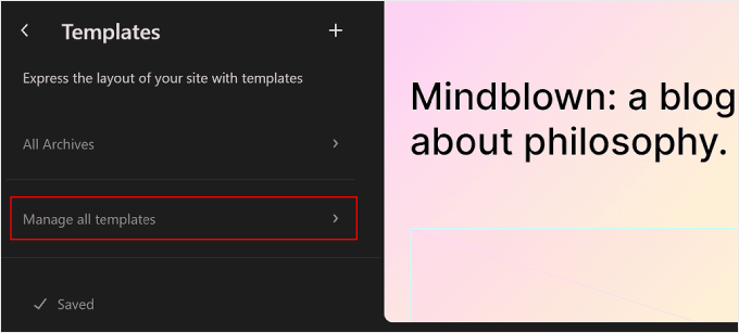 點擊 WordPress 完整網站編輯器中的管理所有範本按鈕 Clicking the Manage all templates button in WordPress Full Site Editor