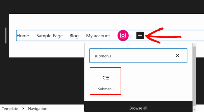 在 WordPress 全站編輯中選擇導覽中的子選單塊 Selecting the Submenu block in Navigation inside WordPress Full Site Editing
