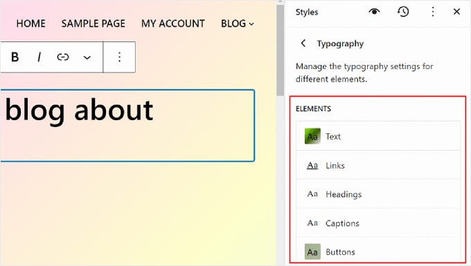 哪些版面元素可在 WordPress 全站編輯器中編輯 What Typography elements are available to edit in WordPress Full Site Editor