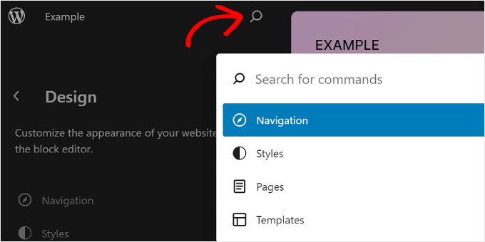 點擊 WordPress 全站編輯器中的放大鏡圖標 Clicking the magnifying glass icon in WordPress Full Site Editor