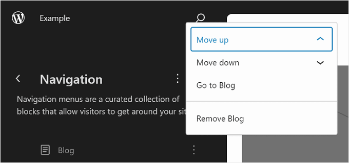 點擊 WordPress 完整網站編輯內導覽中頁面連結旁的三點按鈕 Clicking the three-dot button next to a page link in Navigation inside WordPress Full Site Editing
