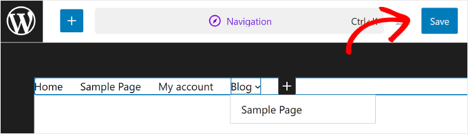 點擊「儲存」以使選單變更在 WordPress 全站編輯器中正式生效 Clicking Save to make the menu changes official in WordPress Full Site Editor