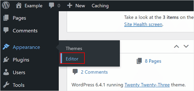 從 WordPress 管理面板中選擇全站編輯器 Selecting the Full-Site Editor from the WordPress admin panel