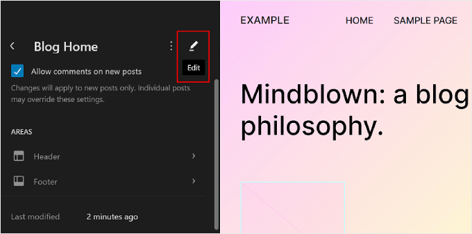 點擊 WordPress 完整網站編輯器中模板上的「編輯」按鈕 Clicking the Edit button on a template in WordPress Full Site Editor
