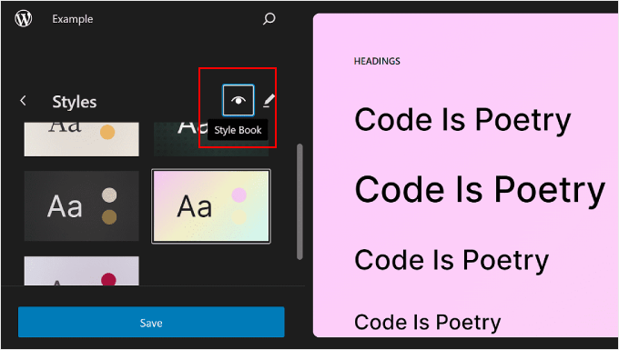 在 WordPress 全站編輯器中選擇樣式書功能 Choosing the Style Book feature in WordPress Full Site Editor