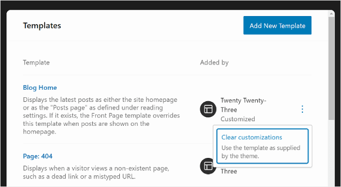 在 WordPress 全站編輯器中清除模板的自訂設置 Clearing customizations for a template in WordPress Full Site Editor