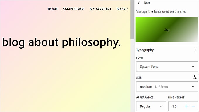 WordPress 全站編輯器中的文字元素設定 The Text element settings in WordPress Full Site Editor