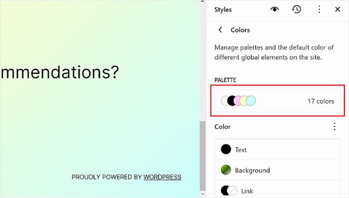 在 WordPress 全站編輯器的顏色選項中選擇調色板 Selecting Palette in the Color options within WordPress Full Site Editor