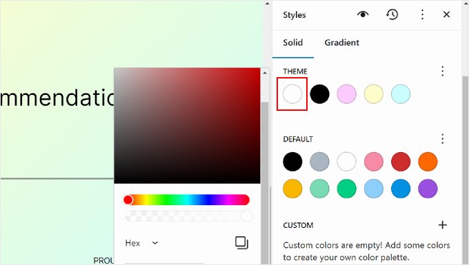 在 WordPress 全站編輯器的樣式設定中變更純色 Changing a solid color in the Styles settings within WordPress Full Site Editor