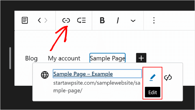 在 WordPress 全站編輯中從區塊工具列編輯頁面鏈接 Editing a page link from the block toolbar in WordPress Full Site Editing