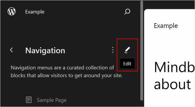 點擊鉛筆編輯按鈕在 WordPress 全網站編輯中進行導航 Clicking the pencil edit button for Navigation in WordPress Full Site Editing