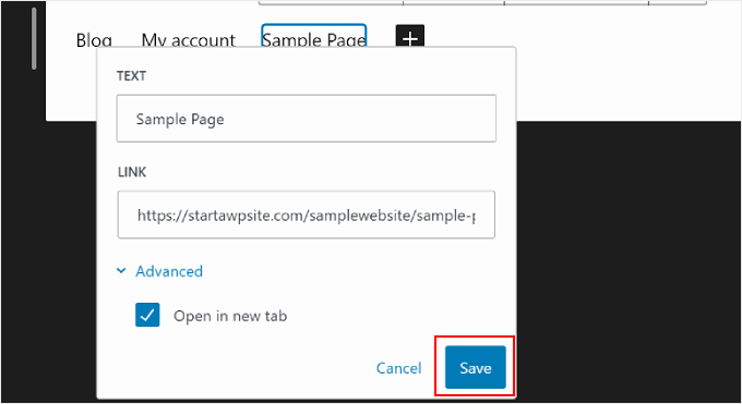 在 WordPress 全站編輯中編輯頁面連結並點擊導航選單的“儲存” Editing a page link and clicking Save for the navigation menu in WordPress Full Site Editing