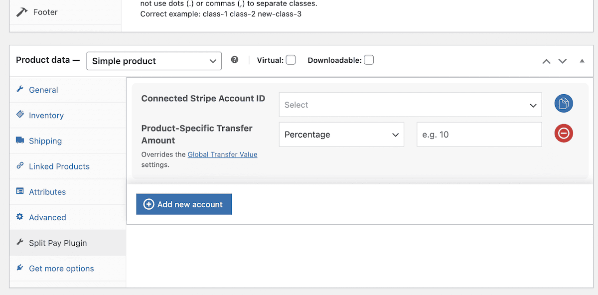 Eine WooCommerce-Produkt-Metabox, die die Optionen des Split Pay Plugins anzeigt.