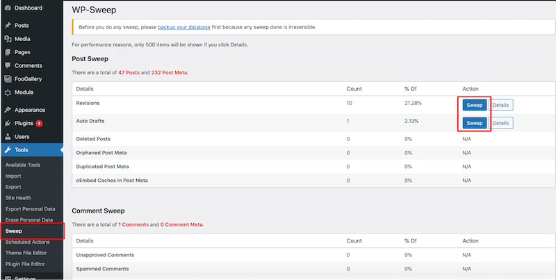 Optimisation de la base de données – Source : WP-Sweep