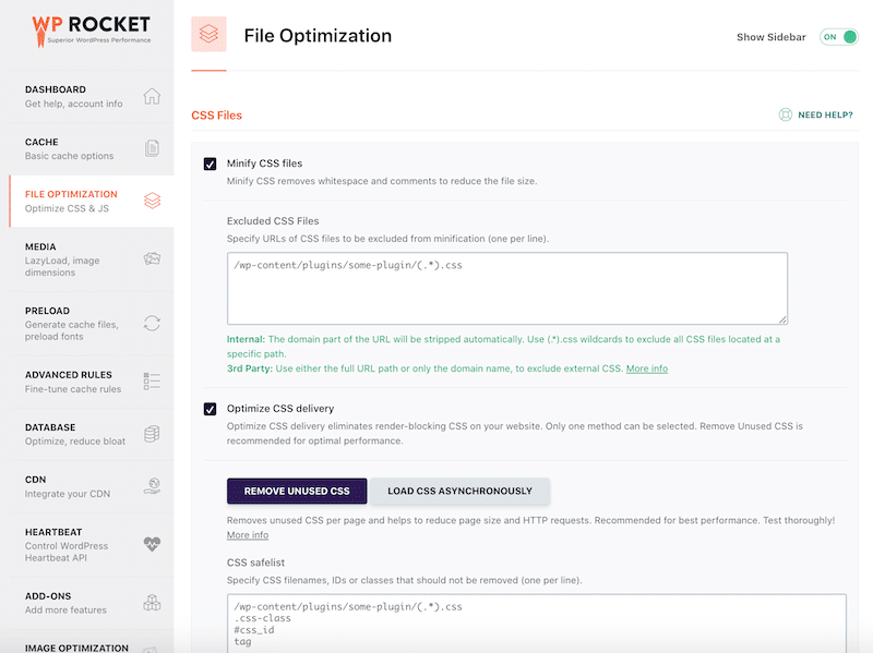 Extrait de l'onglet Optimisation des fichiers - Source : WP Rocket