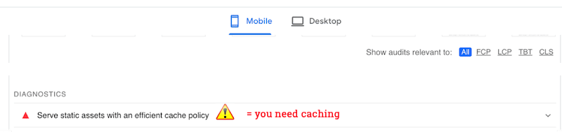 Vérifier si vous avez besoin d'une mise en cache - Source : PageSpeed Insights