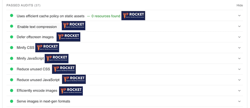 WP Rocket aide à optimiser le code et à réussir l'audit sur PageSpeed Insights - Source : PageSpeed Insights