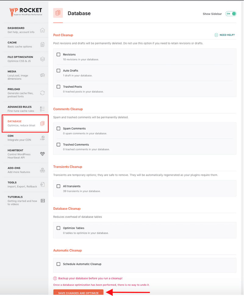 L'onglet optimisation de la base de données – Source : WP Rocket