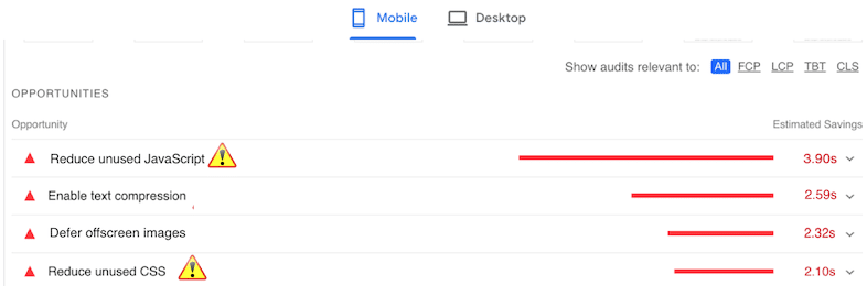 Exemple d'avertissements liés au code de PageSpeed Insights - Source : PageSpeed Insights