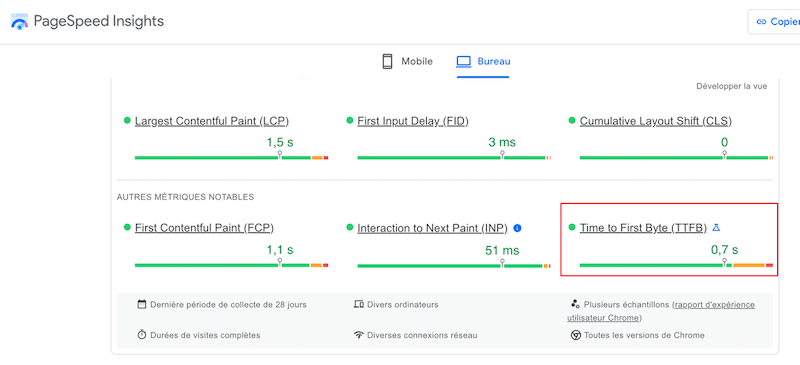 Mesurer le TTFB – Source : PageSpeed Insights