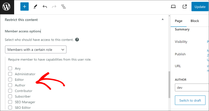 페이지 액세스를 제한하려면 사용자 역할을 선택하세요. Choose user roles to limit page access