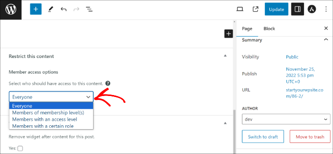 사용자 역할별로 콘텐츠 제한 Select user role to restrict pages