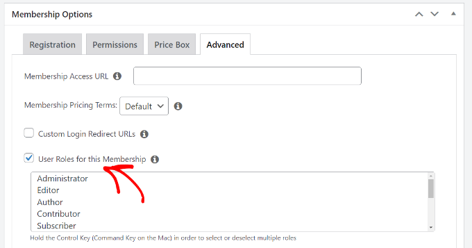 멤버십 플랜에 대한 사용자 역할 선택 Check the user roles option