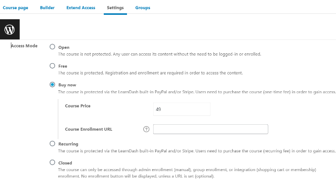 코스 옵션 Change access mode settings