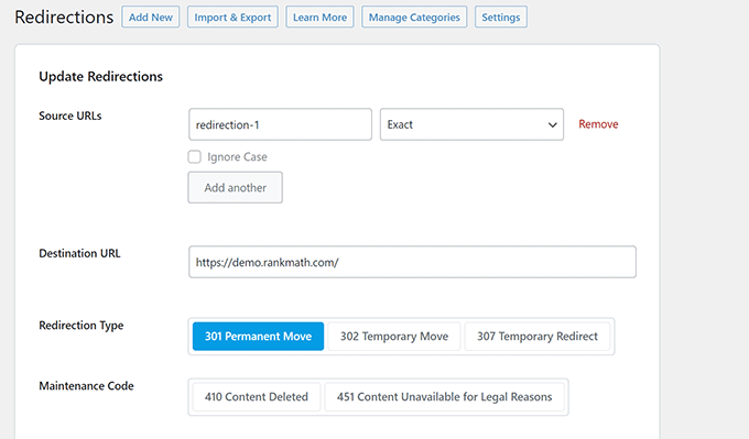 RankMath를 사용하여 리디렉션 추가 Adding redirects using RankMath