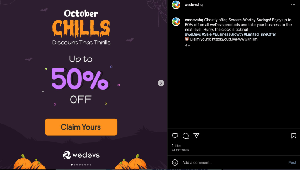 Dies ist ein Beispiel für Halloween-Angebote von Wedevs auf Instagram