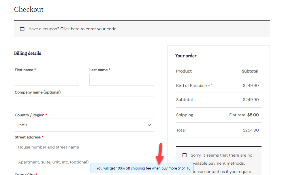 aviso de pago: envío gratuito de woocommerce en productos específicos