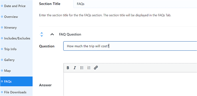 旅行に関する FAQ を追加する Add FAQs for the trip