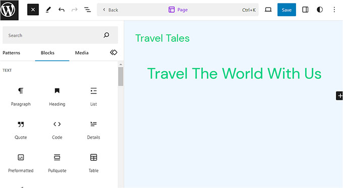 フルサイトエディターの旅行ビジネス サイト Travel business site in full site editor