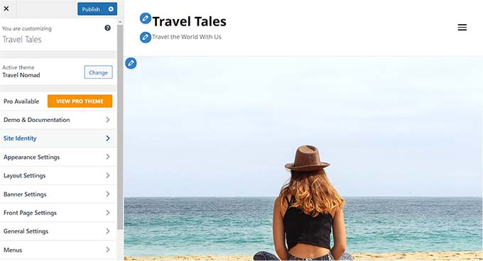 カスタマイザーの旅行テーマ Travel theme in the customizer