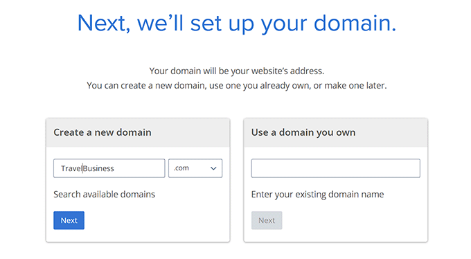 旅行ビジネス サイトのドメイン名を入力します Type the travel business site domain name