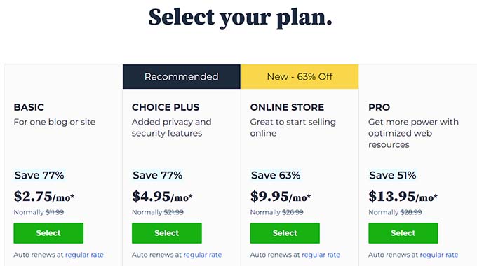 Bluehostの料金ページ Bluehost Pricing page